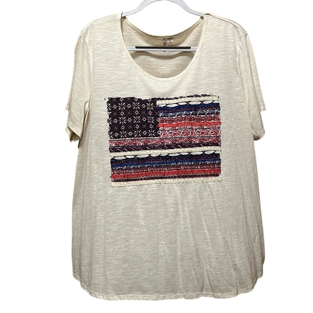 Est 1946 Womens Plus 22/24 American Flag Mixed Media Lace Slub Knit Top Cream